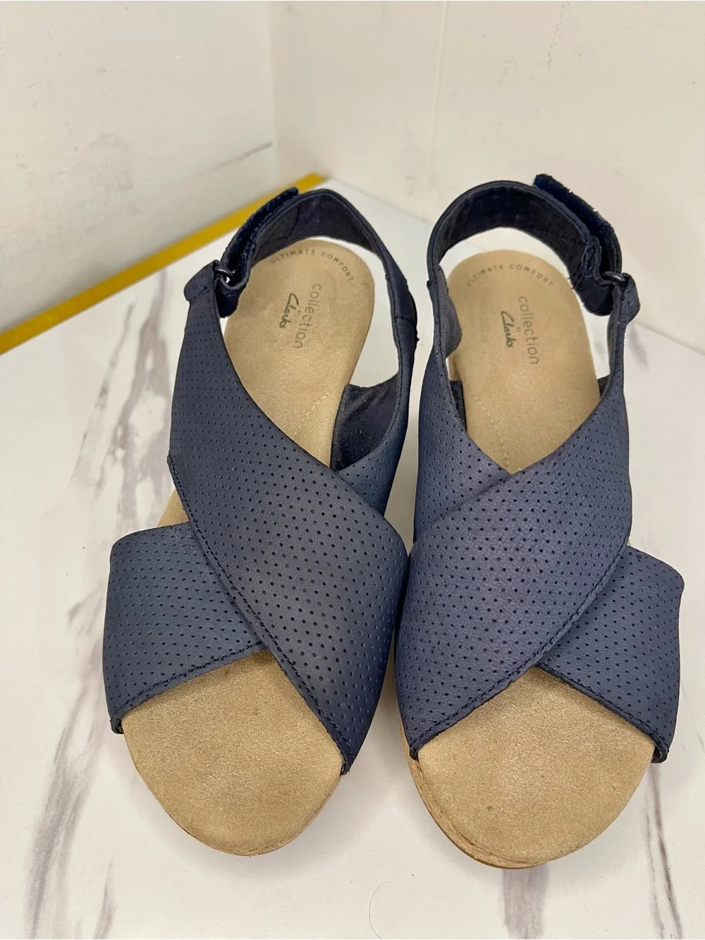 Clarks annadel bari platform, Navy nubuck 8M Cork Wedge Slingback Sandal